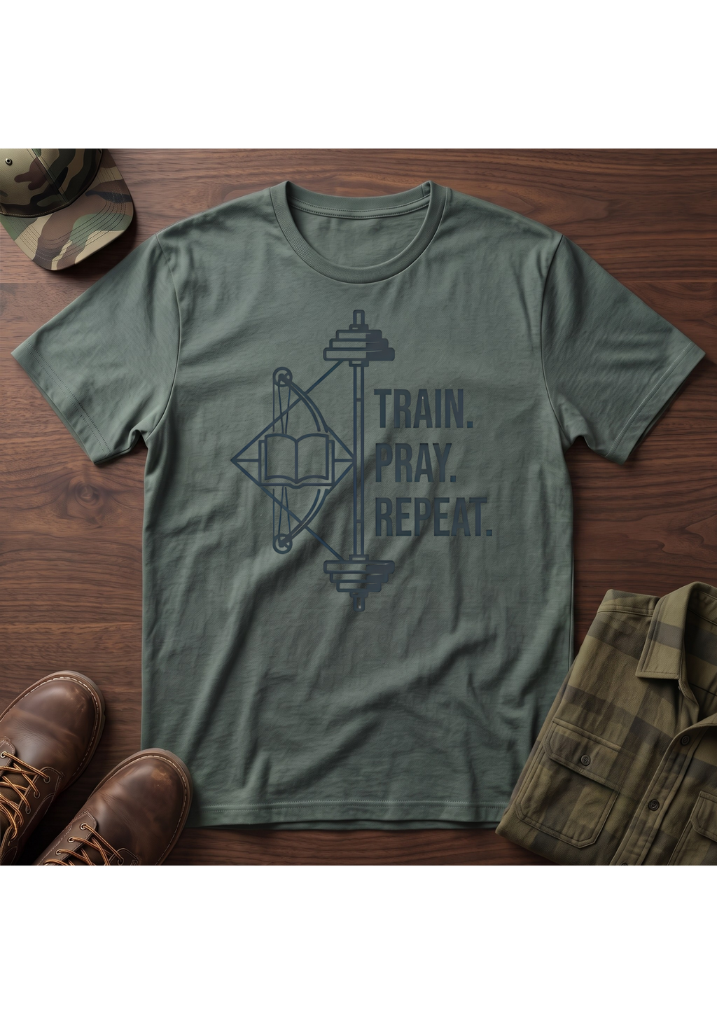 Train Pray Repeat Minimalist Cross T-Shirt