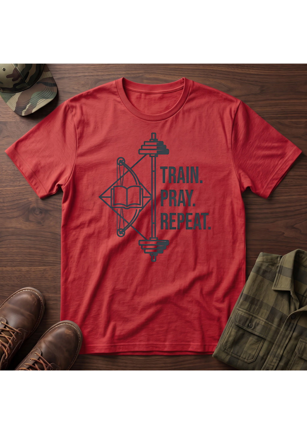 Train Pray Repeat Minimalist Cross T-Shirt