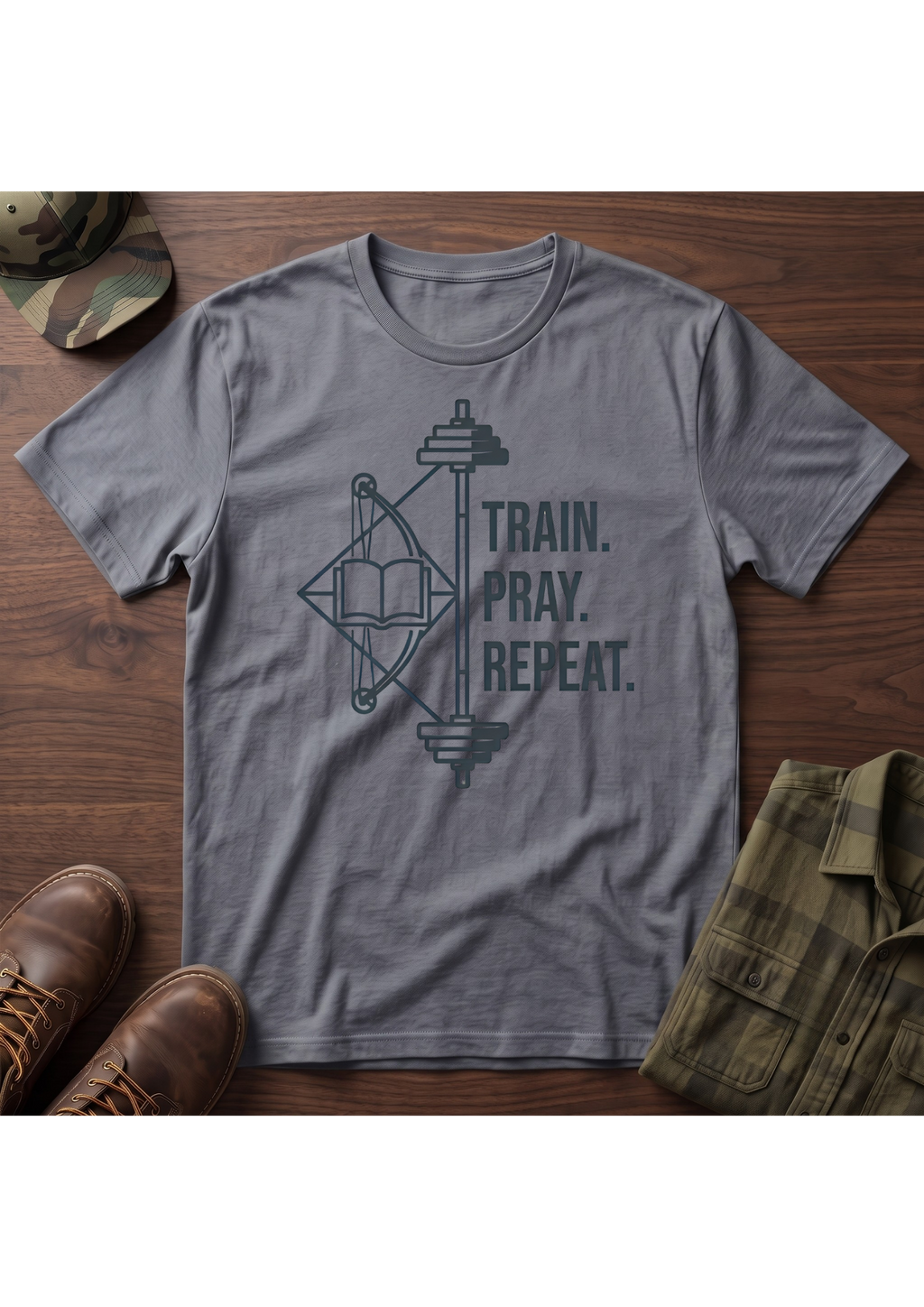 Train Pray Repeat Minimalist Cross T-Shirt