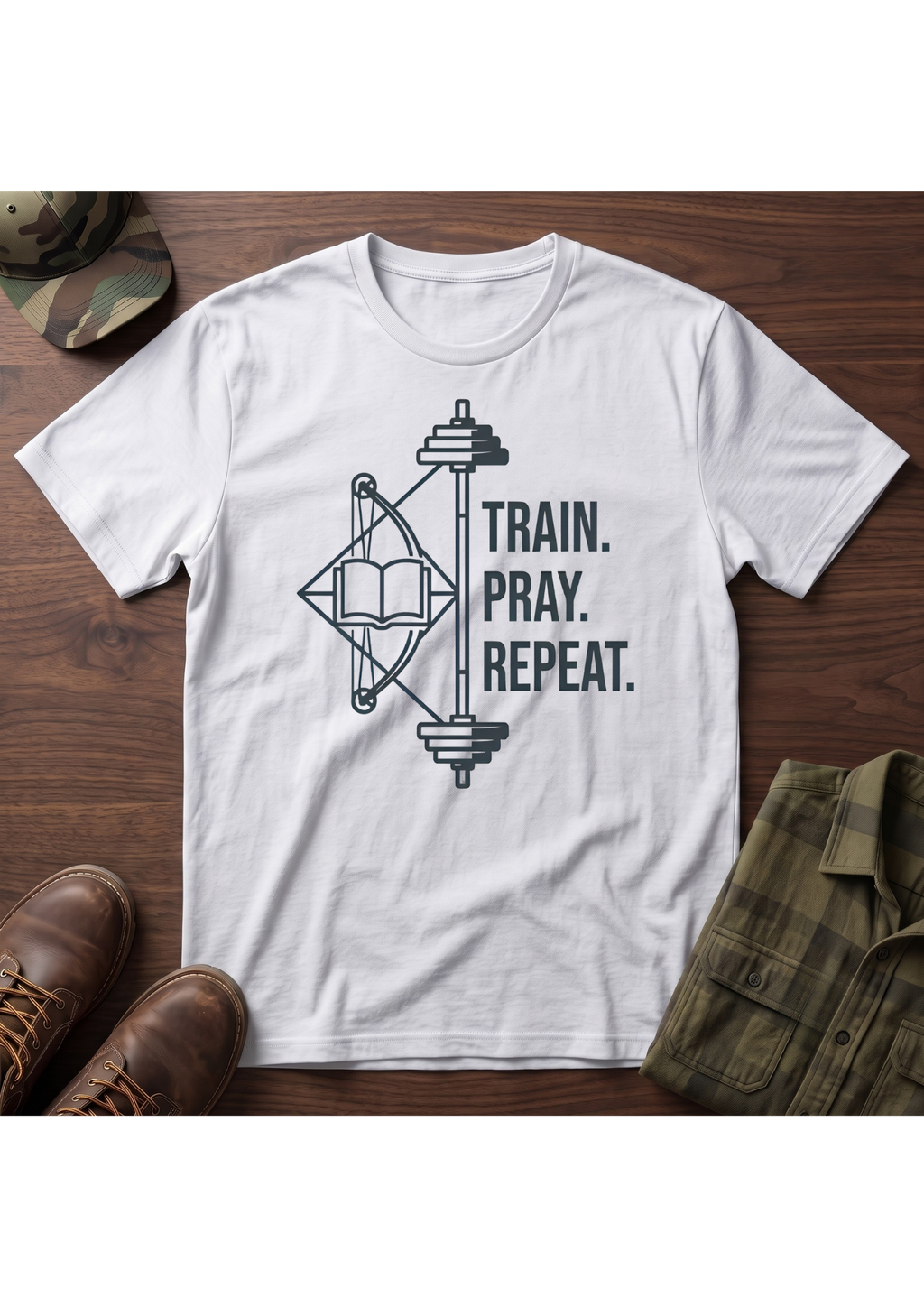 Train Pray Repeat Minimalist Cross T-Shirt