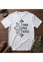 Train Pray Repeat Minimalist Cross T-Shirt
